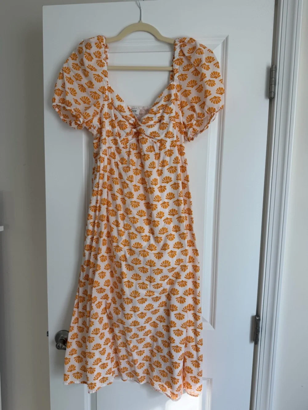J. Crew Orange & Yellow Shell-Print Puff Sleeve Midi Dress